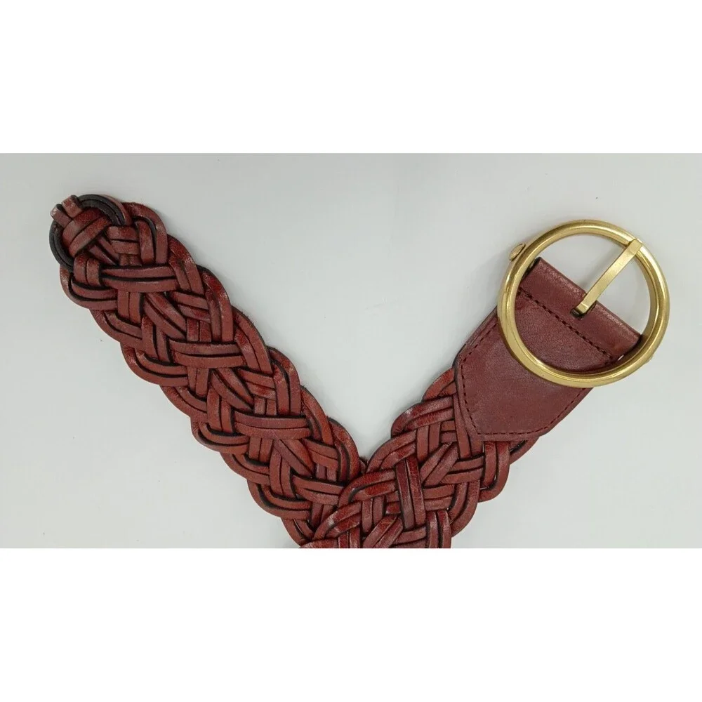 LOFT Woven Braided Leather Belt Brown Gold Circle Buckle Medium Boho Western